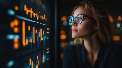 Poster - Data Driven Decisions: A young woman, focused and determined, analyzes data on a large screen.  Her expression conveys a mix of curiosity, concentration, and anticipation.
