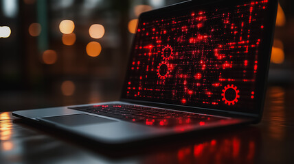  - A laptop screen shows a red background with gears on it