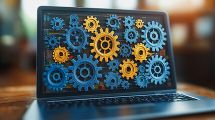 Poster - laptop screen gears: a close-up shot of a laptop displaying a multitude of intricately designed gear