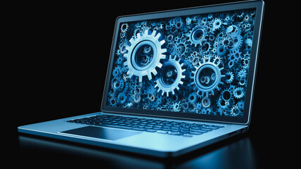 Poster - laptop with cogwheels: a sleek, modern laptop with a vibrant blue screen showcasing intricate cogwhe