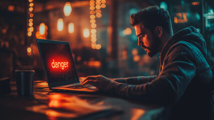 Poster - Cyberpunk Hacker: A young man hunches over his laptop, the glow of the screen illuminating his face in a dimly lit room. The word 