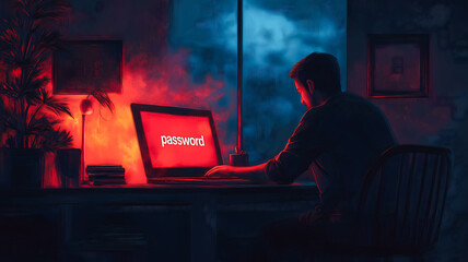 Poster - Night Coder:  A lone figure hunched over a computer bathed in red light, engrossed in coding late at night.  A dramatic, atmospheric image. 