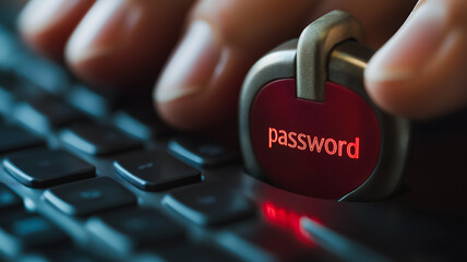 Poster - Securing Your Digital Life: Close-up shot of hands placing a red padlock with the word 