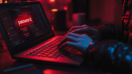 Poster - cybersecurity: close-up shot of hands typing on a laptop keyboard, the screen displaying the word 