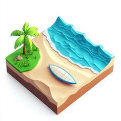 Wall Mural - A stylized beach scene featuring waves, sand, a palm tree, and a boat.