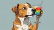 © Image follow  - 'A humorous illustration of a dog appearing tipsy while sipping a colorful cocktail from a fancy glass, showcasing a lighthearted and playful vibe.'