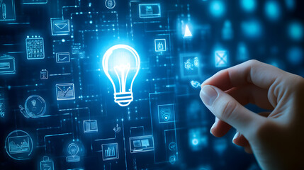 Poster - Digital Innovation Concept with Light Bulb Icon and Hand Touching Neon Interface Representing Ideas and Technology