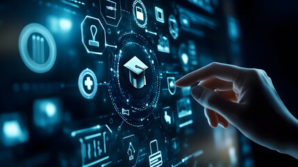 Poster - Digital Education Concept with Hand Touching Online Learning Icon on Futuristic Background of Tech and Knowledge Symbols