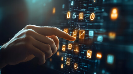 Poster - Hand Interacting with Digital Interface Showing Various Technology Icons and Data Symbols in a Futuristic Environment
