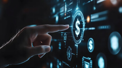 Poster - Hand Interacting with Digital Interface Displaying Financial Data and Currency Symbols, Representing Investment and Technology