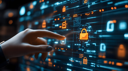 Poster - Hand Interacting with High-Tech Digital Interface Featuring Security Icons, Data, and Virtual Elements in Blue and Orange Tones