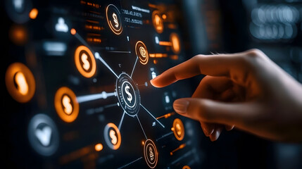 Poster - Abstract Digital Interface with Touch Hand on Money Icons and Financial Symbols, Future Technology Concept Representation