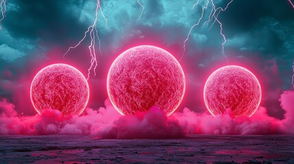 Poster - Surreal Cosmic Scene with Three Glowing Spheres and Dramatic Lightning in an Abstract Sky