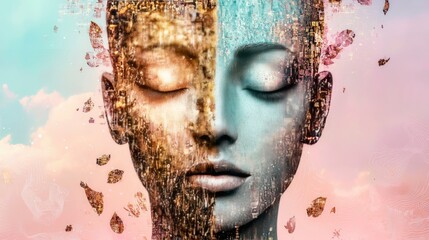 Poster - Conceptual Art of Human Face Merging with Cityscape in Vibrant Colors and Abstract Elements