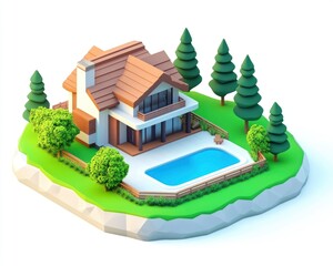 Wall Mural - A stylized house with a pool surrounded by trees on a green island.