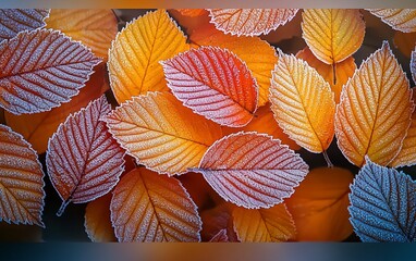 Poster - Frost-covered autumn leaves in vibrant orange and red hues.