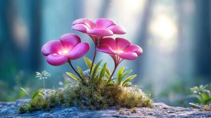 Poster - Vibrant Pink Flowers Nestled in Lush Greenery with Soft Forest Light in Background