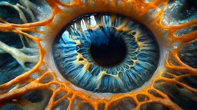 Close-up of an eye with intricate, orange, organic structure.