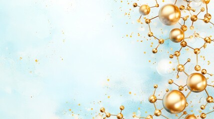 Poster - Golden Molecular Structures on Soft Blue Background with Sparkling Elements for Scientific and Artistic Uses