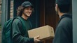 © Aragon - A cheerful food delivery man in a green thermal jacket hands a cardboard package to a man at his doorstep.