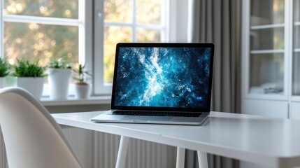 Poster - A clean white desk with a laptop displaying a mockup ad design.