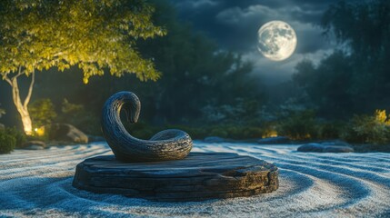 Sticker - Serene Nighttime Zen Garden Sculpture Under Moonlight