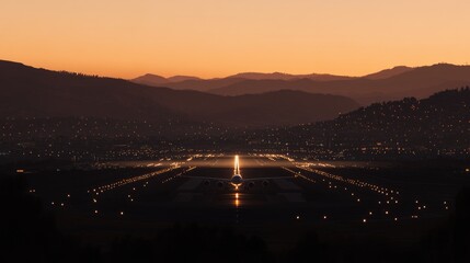 Poster - A distant view of a runway lit by the soft orange hues of dawn.