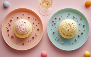 Two elegant plates hold decadent cupcakes, while a shimmering glass of wine awaits, setting the perfect romantic scene for a sweet Valentine's Day celebration.