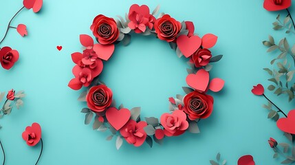 A romantic wreath made of 3D red hearts and roses framing the words Happy Valentine's Day in a sticker-inspired design