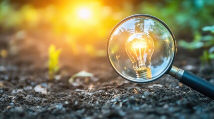 Poster - A magnifying glass focusing on a bright idea symbolized by a glowing light bulb.