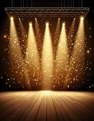 Poster - Golden Stage Lights Illuminate Wooden Floor With Sparkling Dust