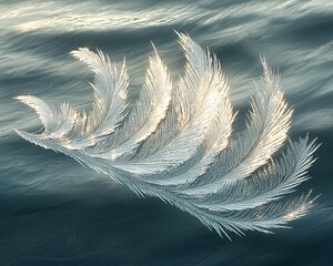 Poster - Glowing white feathers float on dark water.