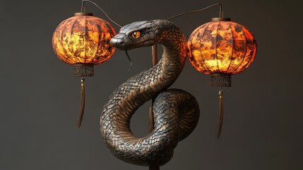 Poster - Serpentine Sculpture Flanked by Illuminated Lanterns