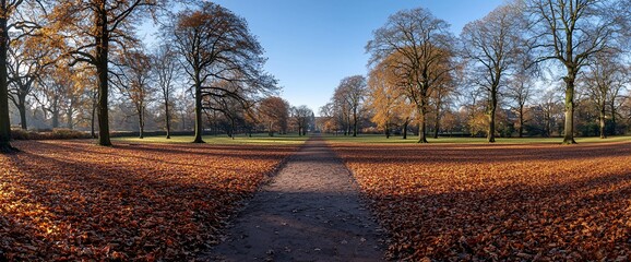 Poster - Autumnal park path lined with trees, covered in fallen leaves under a clear sky.