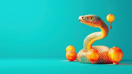 Poster - A vibrant snake amidst orange lanterns on a teal background