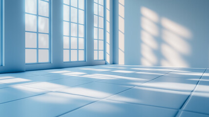 Poster - Serene Sunlit Room:  A calming and minimalist interior design featuring large windows, sunlight streaming across a tiled floor, creating a tranquil and bright atmosphere.
