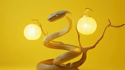 Poster - Wooden Snake Lamp with Paper Lanterns on Yellow Background