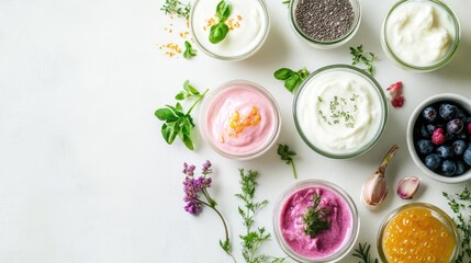 Poster - A clean arrangement of probiotic-rich foods like yogurt, kefir, and fermented vegetables on a light background, leaving ample space for text.