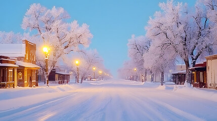 Poster - A serene winter street scene, blanketed in fresh snow, with frosted trees and glowing street lamps under a soft blue sky