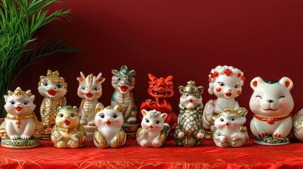 Poster - A clean setup of decorative Chinese zodiac animal figurines arranged on a red tablecloth with ample copy space.