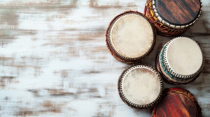 Poster - A clean view of traditional festival drums with intricate designs, placed on a light wooden surface with ample room for text.