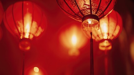 Poster - A close-up of glowing Chinese lanterns with intricate details, placed on a clean red backdrop with ample negative space.