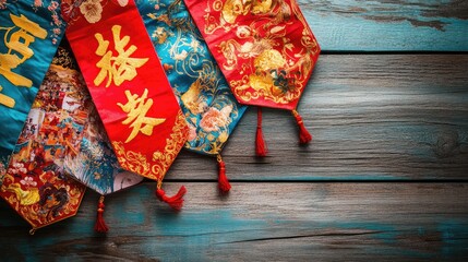 Poster - A close-up of vibrant Chinese New Year banners with golden calligraphy, placed on a wooden surface with ample copy space.