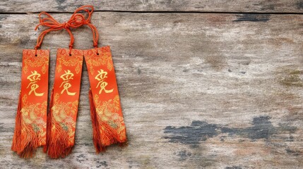 Poster - A close-up of vibrant Chinese New Year banners with golden calligraphy, placed on a wooden surface with ample copy space.