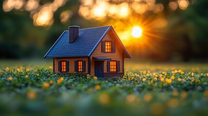 Poster - Miniature house in grassy field at sunset.