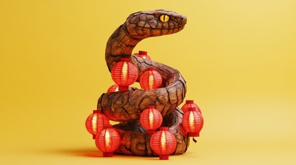 Poster - Wooden Snake Sculpture Adorned With Red Lanterns