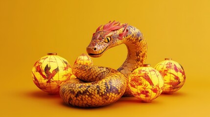 Poster - A Golden Dragon Snake with Asian Lanterns