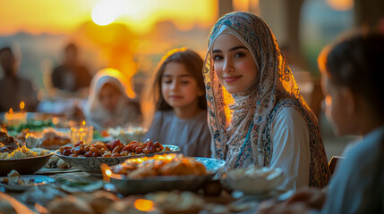 A woman and children enjoying Ramadan fast breaking  meal at sunset in traditional attire, warm ambience