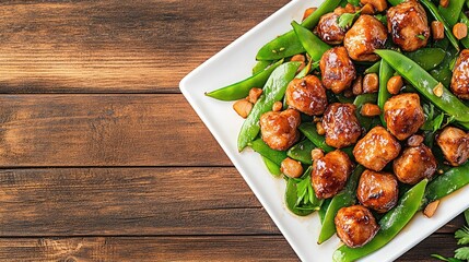 Poster - A platter of stir-fried snow peas and water chestnuts, arranged on a wooden table with ample room for text.