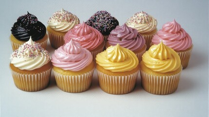 Canvas Print - A row of colorful cupcakes with frosting and sprinkles, placed on a pastel-colored surface.